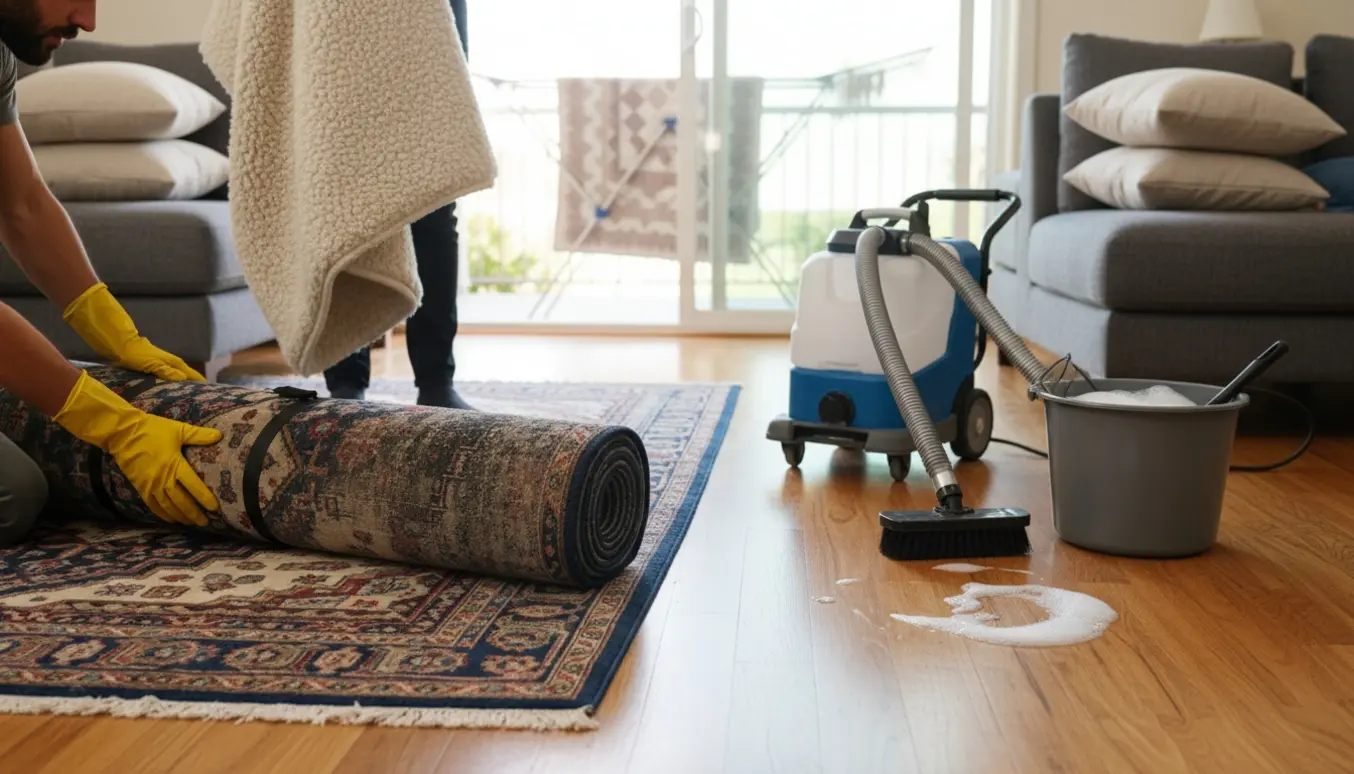 To store tæpper forberedes til vask i en lys stue med rengøringsudstyr og sæbevand.