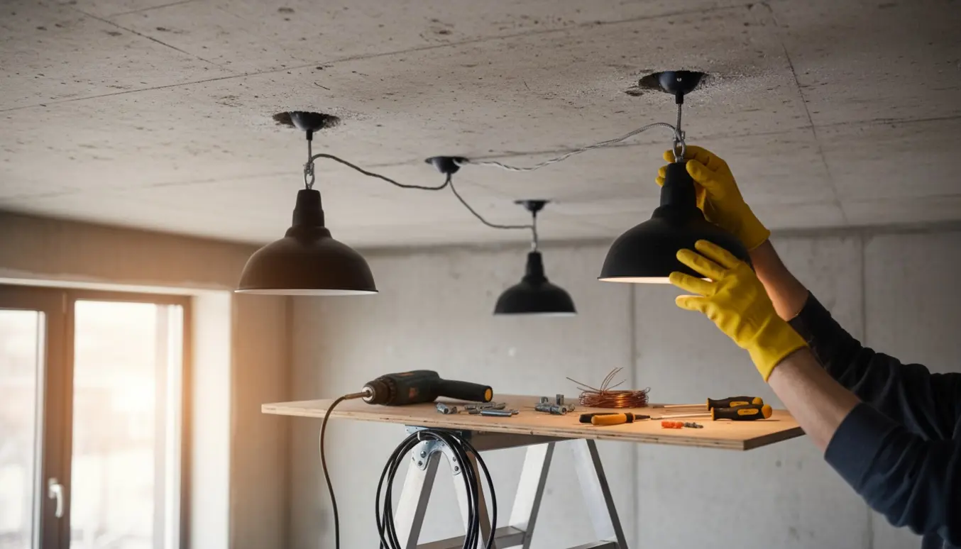 Fire loftslamper i betonloft under ophængning og elektrisk tilslutning med værktøj og kabel.