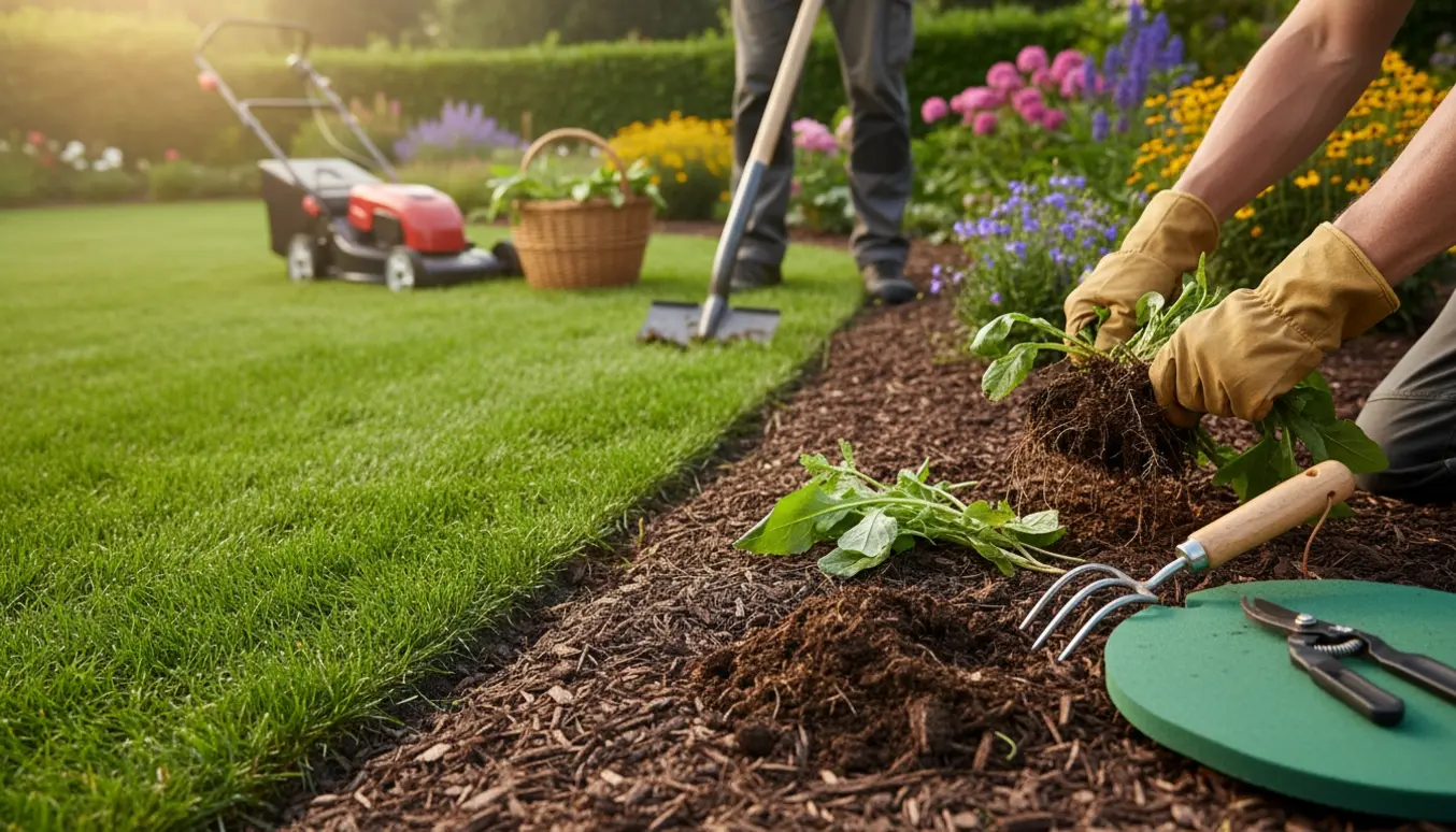 Hænder luger ukrudt i bede og retter græskanter foran en nyslået plæne.