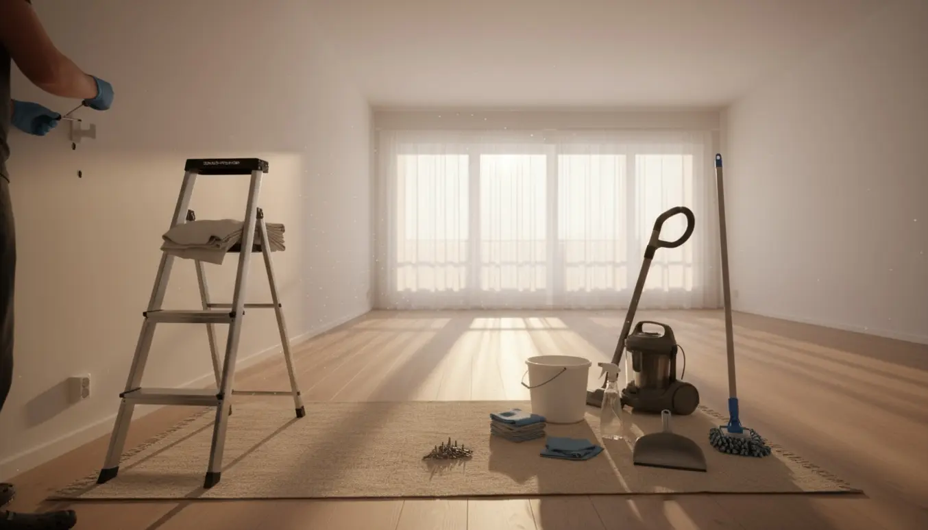 Soloplyst tom lejlighed med rengøringsudstyr og en handske, der skruer en gardinstang ned.