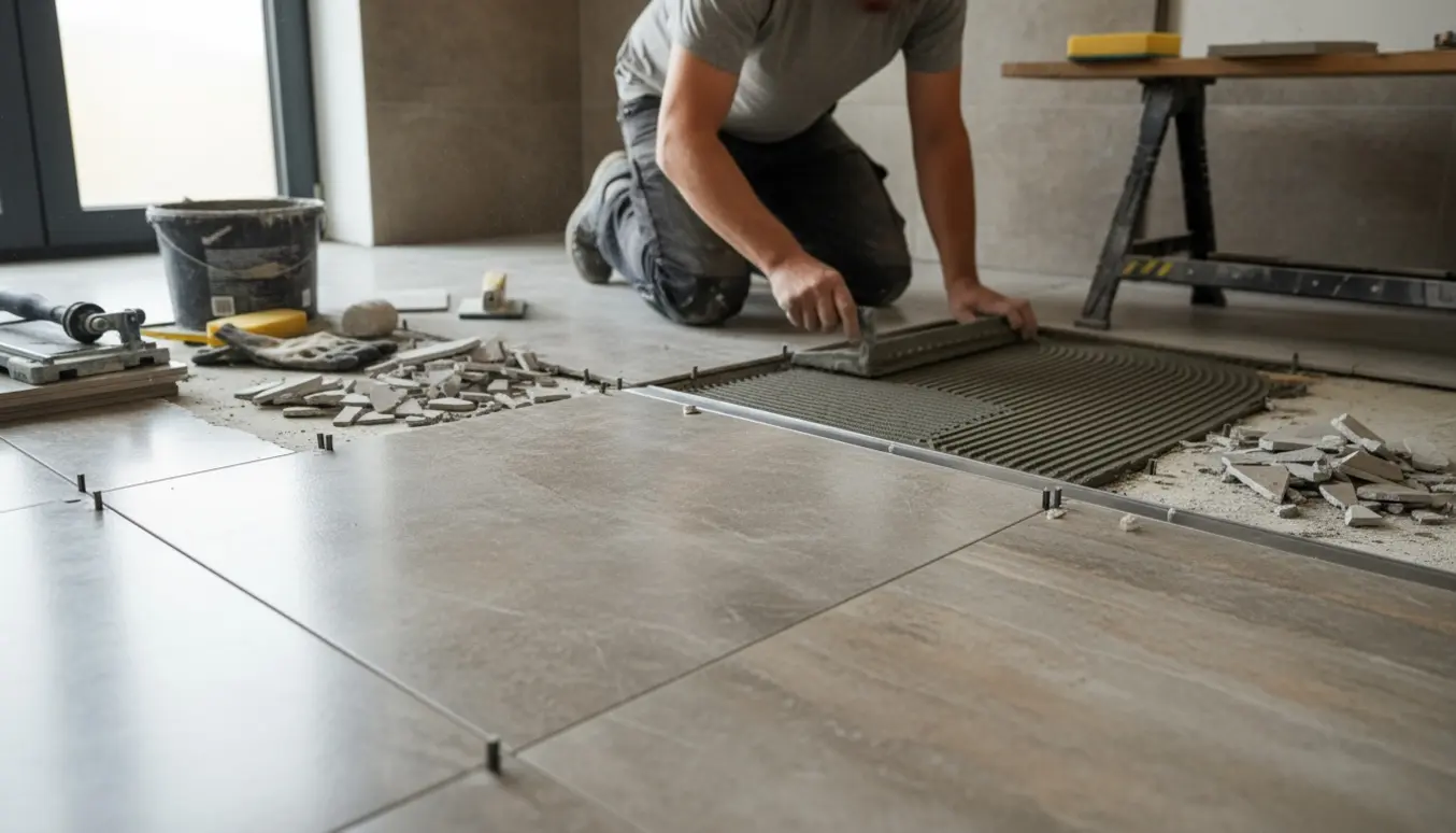 Badeværelsesgulv under renovering med opbrudte fliser, nye 60x60 porcelænsfliser og installeret unidrain.