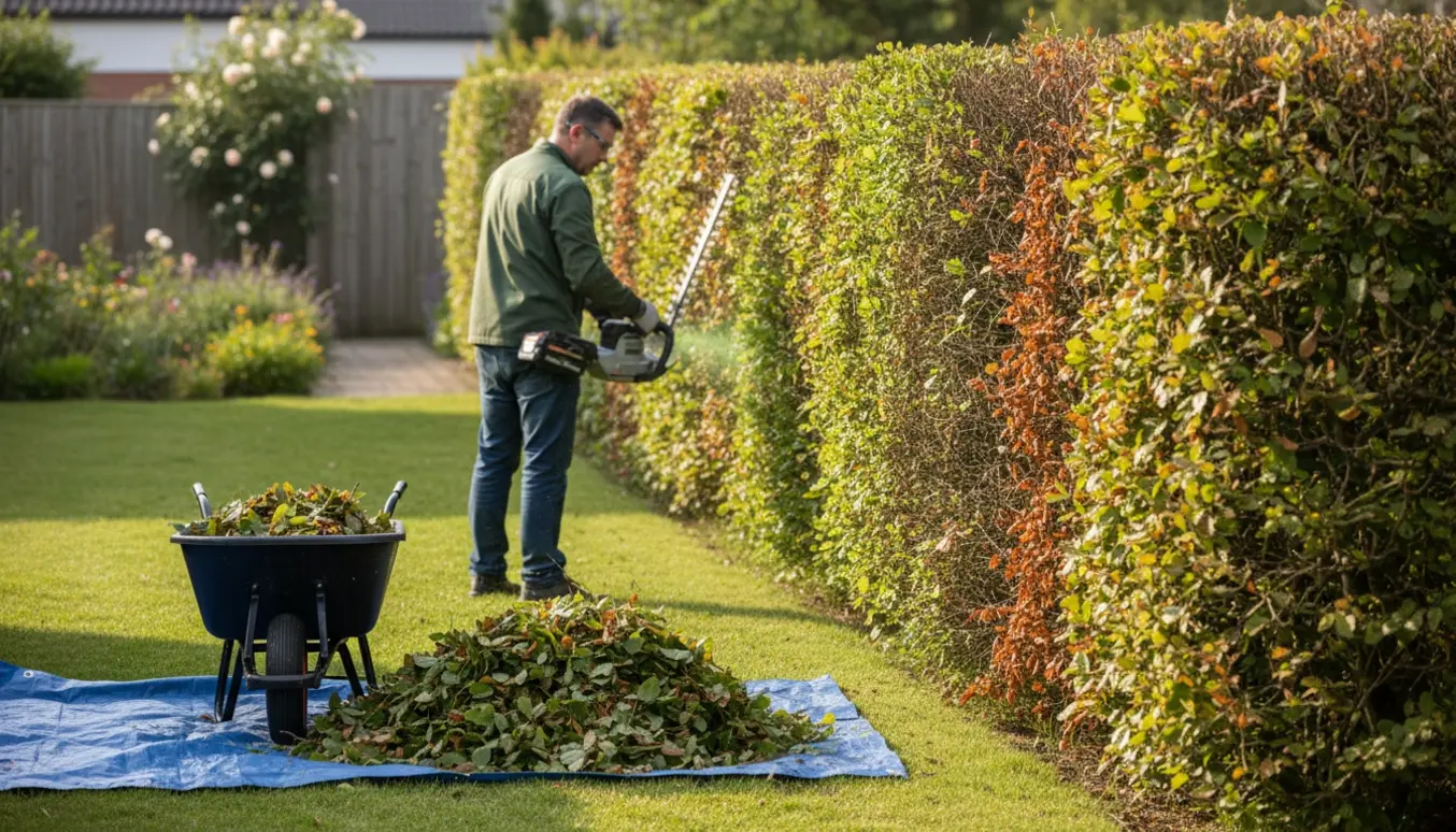 Bagfra set person klipper en ca. 1,6 m høj bøgehæk enkelt-sidet med en hækkeklipper, og nyklippede blade ligger i en trillebør.
