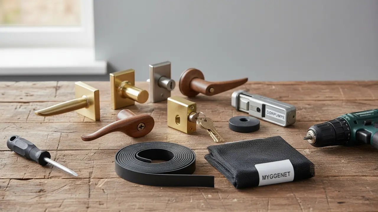 Udvalg af dørtilbehør: greb, låse, dørpumpe, dørstopper og myggenet