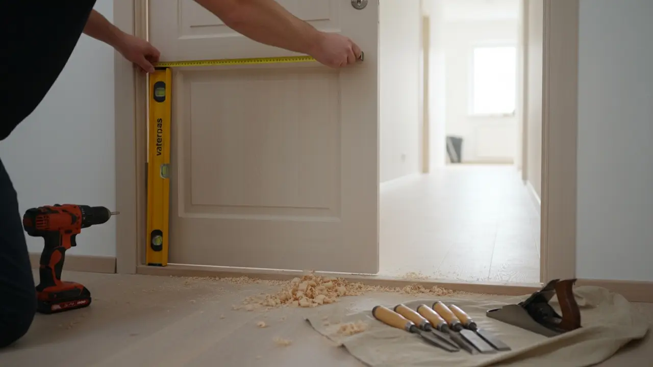 Montering af dør: person måler karm med vaterpas og værktøj klar