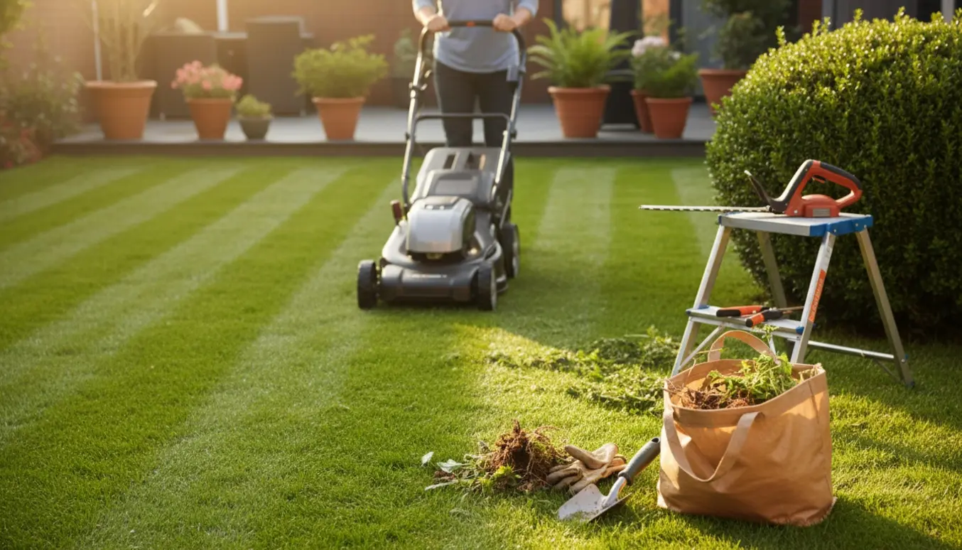 En person slår græs, trimmer hækken og fjerner ukrudt i en solbeskinnet have.