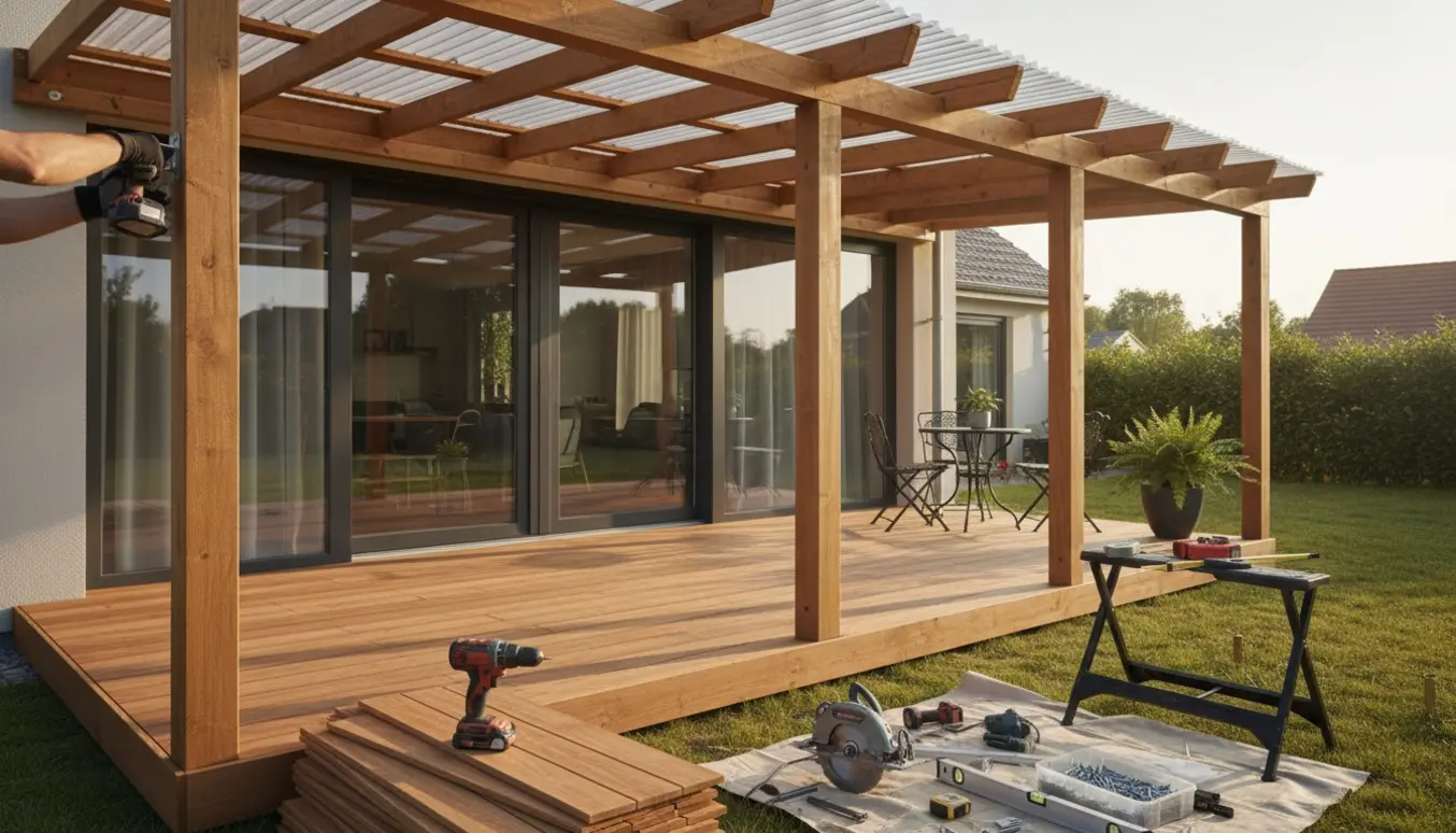 Lille overdækket træterrasse ved hus under opførelse med værktøj og materialer.