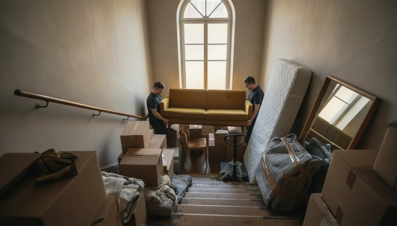 Flyttefolk bærer en sofa ned ad en københavnsk trappe med flyttekasser, madras og indpakkede møbler på reposen.