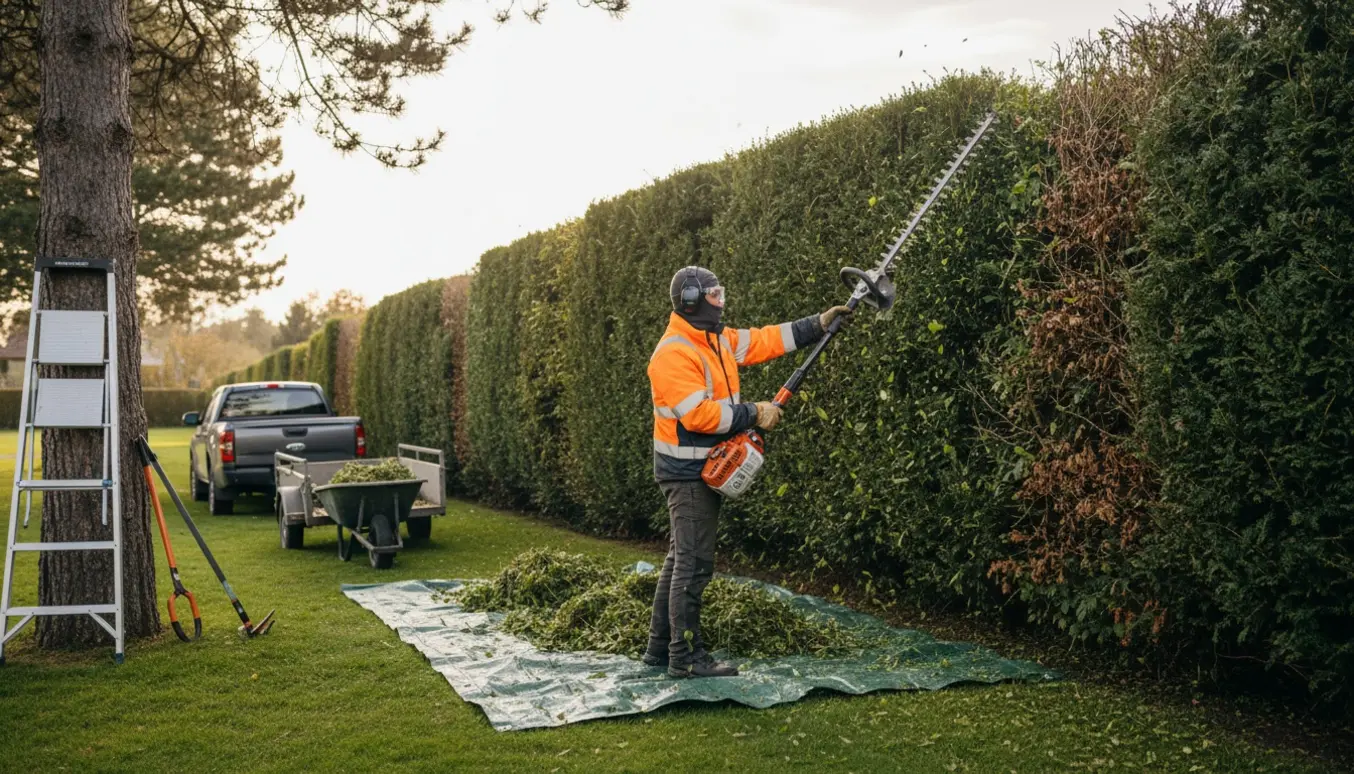 En person i beskyttelsesudstyr trimmer en lang hæk med en kraftig hækkeklipper, og afklippet ligger samlet klar til bortkørsel.