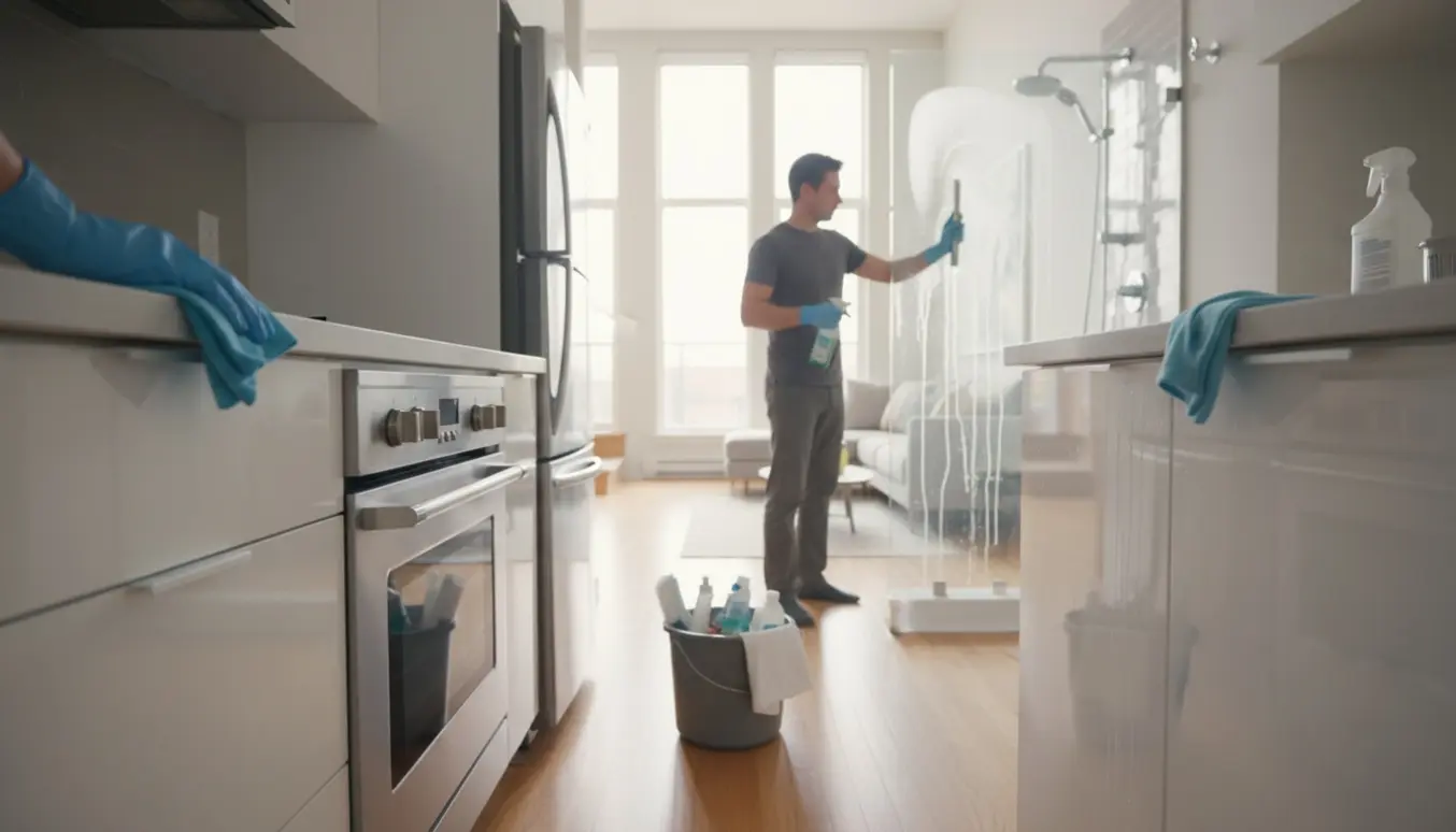 Flytterengøring i en lys lejlighed med rene skabe og afkalket brusekabine.