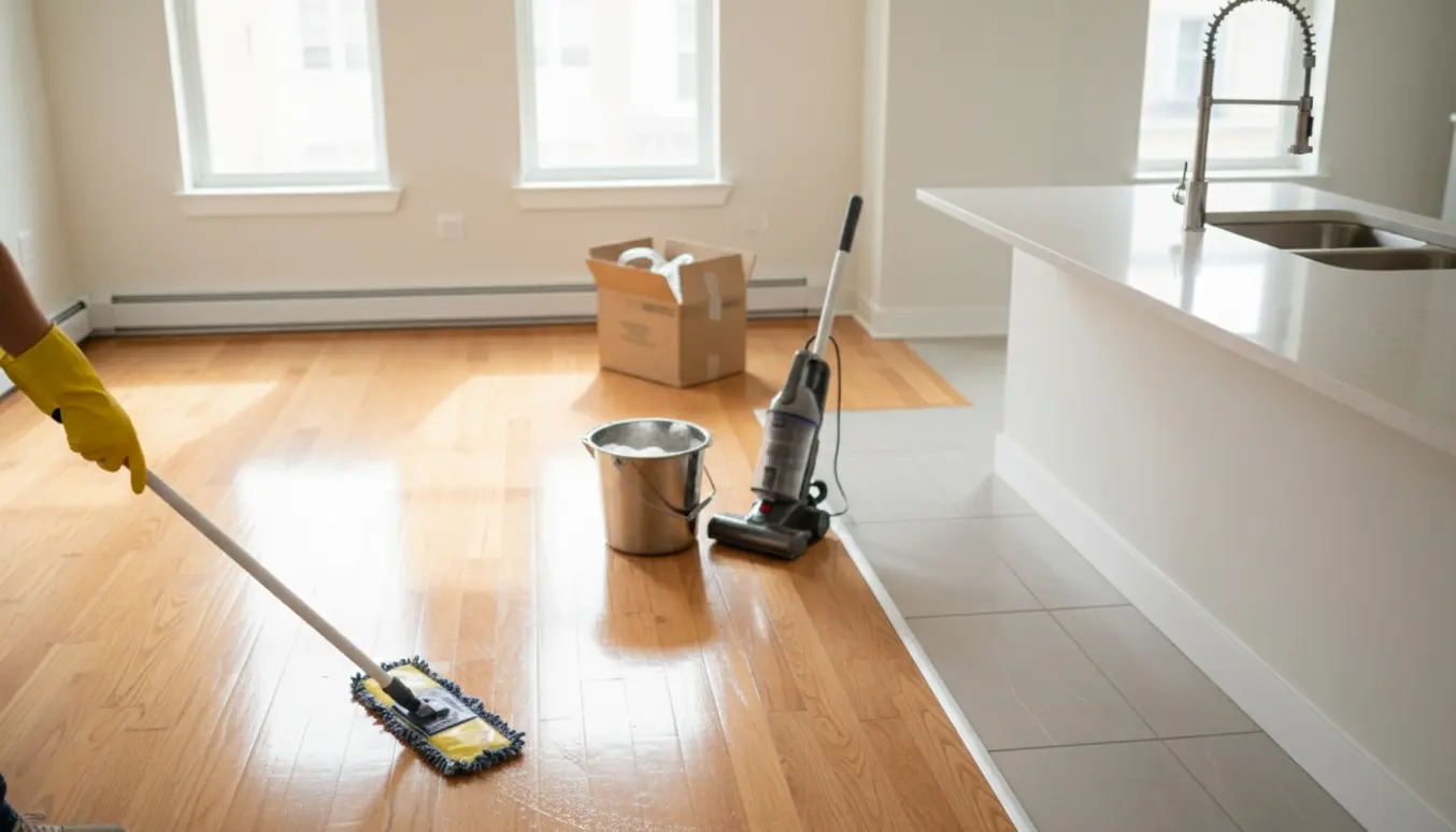 Tom, nyvasket lejlighed med rengøringsudstyr og flyttekasser i blødt sollys.