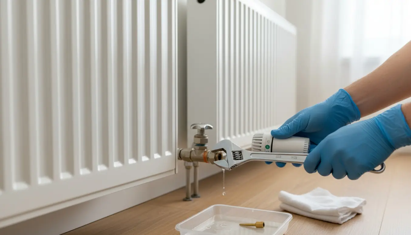 Nærbillede af hænder, der udskifter en termostatventil på en radiator i et lyst hjem.