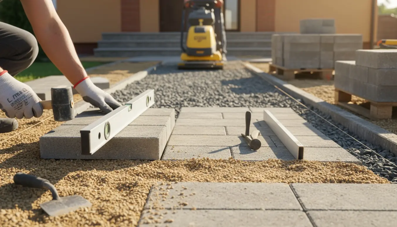 Gangareal ved hus under fliselægning med vibreringsplade, afrettersand og 30x60 cm betonfliser.