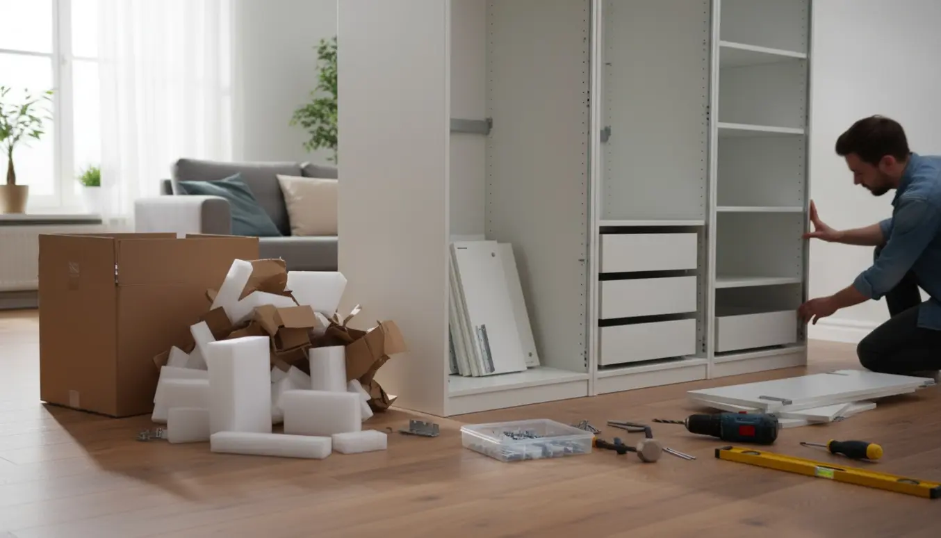 Delvist samlet IKEA PAX-garderobe i en lys stue med paneler og værktøj på gulvet.