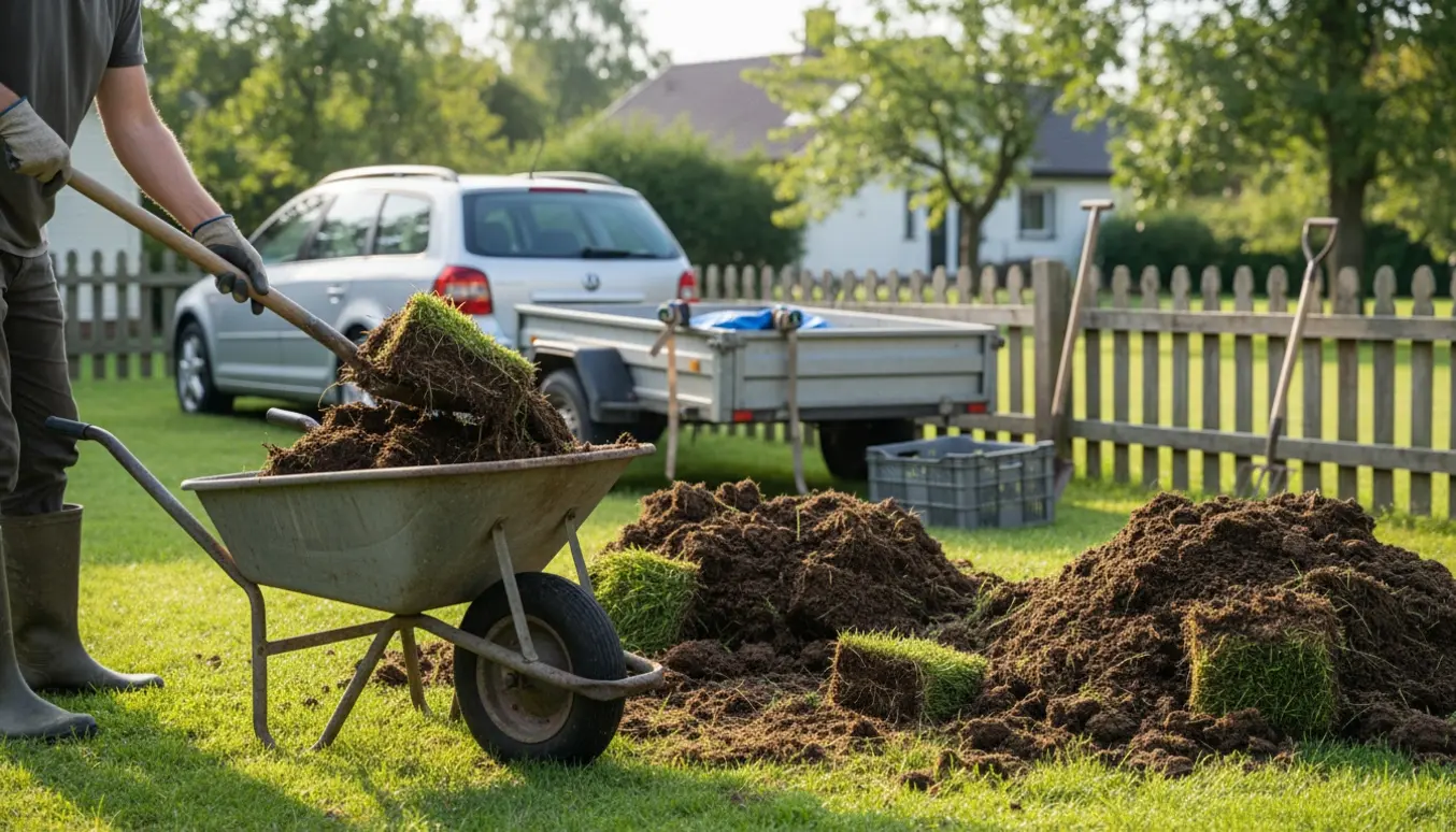 En person læsser jord og klumper græstørv i trillebør ved bilen og trailer klar til kørsel.