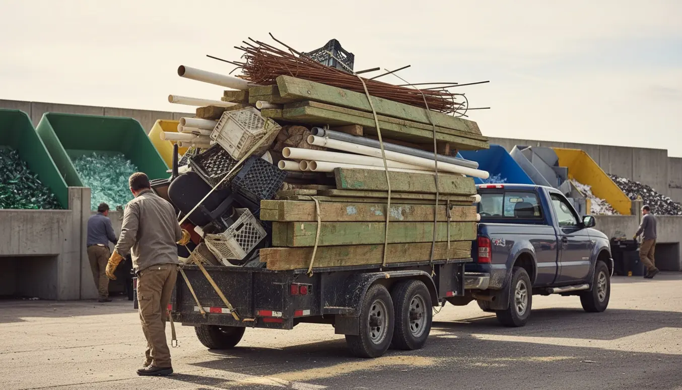 En lastet pick-up med trailer afleverer behandlet træ, PVC, jern og storskrald på en genbrugsplads.