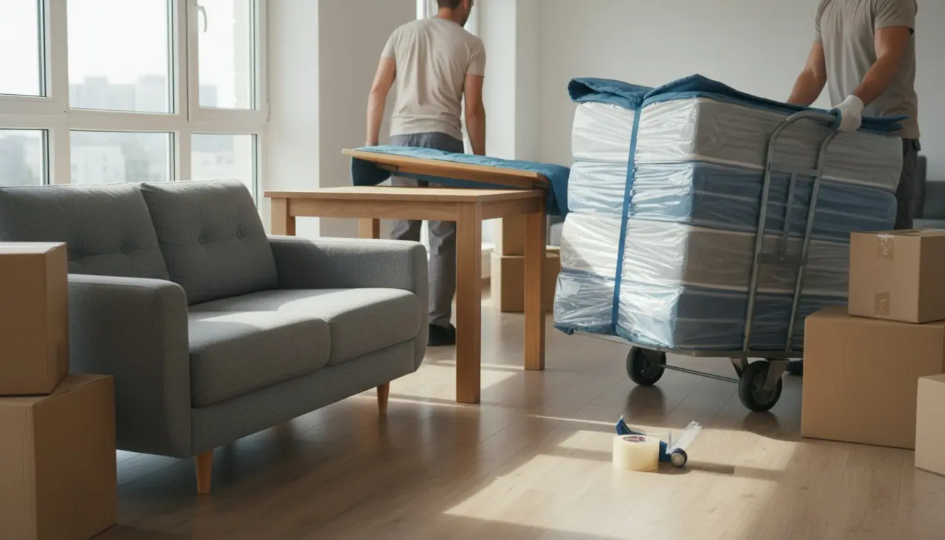 Lys lejlighed under en hurtig flytning med sofa, spisebord, fire boxmadrasser og nogle flyttekasser.