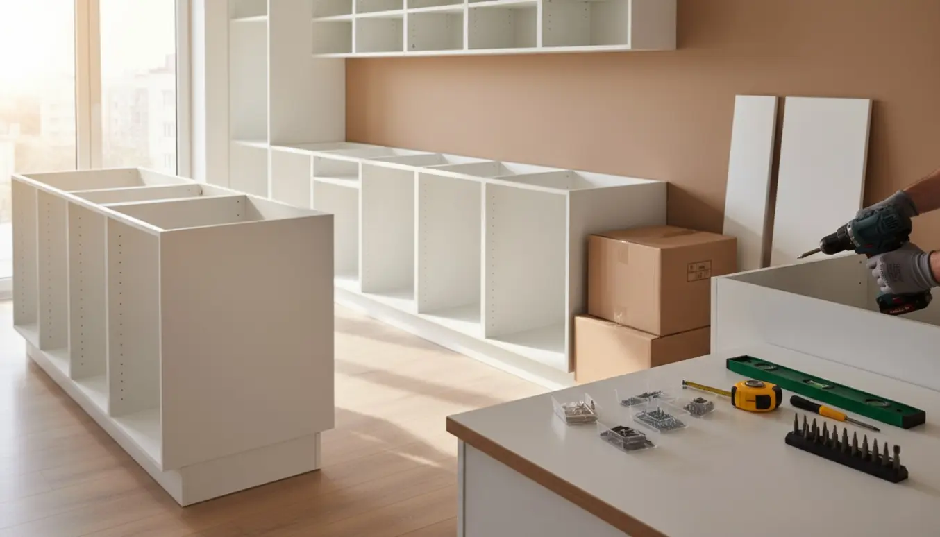 Umonterede køkkenskabe og en køkkenø under montage med værktøj og hænder i arbejde.