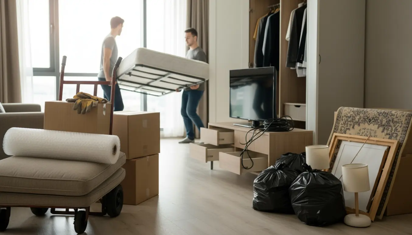 Flyttescene i lys stue med sofa, sengedel, åbent skab, flyttekasser og sække med ting til skrald.