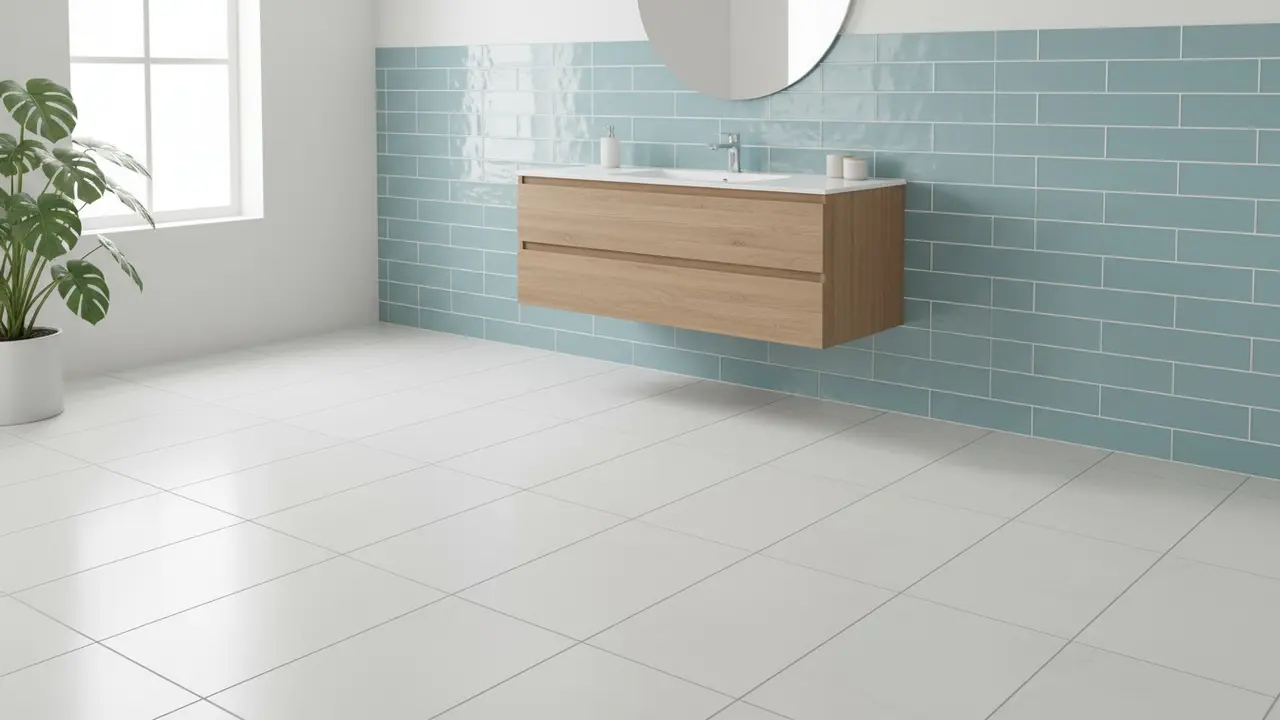 Moderne rum med nylagte fliser på gulv og væg, rene fuger og symmetrisk layout.