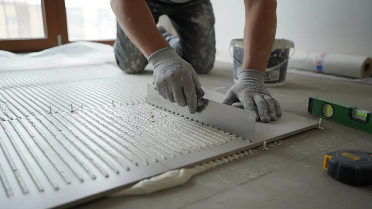 Nærbillede af tandspartel, fliseklæb, flisekryds og flise under lægning.