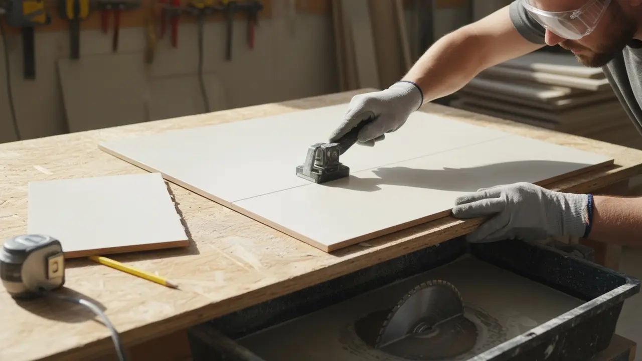 Person skærer flise ved markeret snitlinje med fliseskærer, iført beskyttelsesbriller.