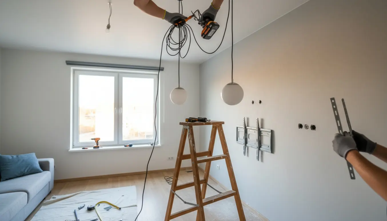 Loftlamper under montering i en lys lejlighed, med TV-beslag og to nyligt borede huller samt et delvist monteret rullegardin.