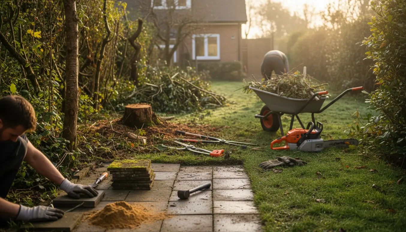 Overgroet forhave ved et nykøbt hus under oprydning med beskårne buske, stubbefældning og gensatte fliser.