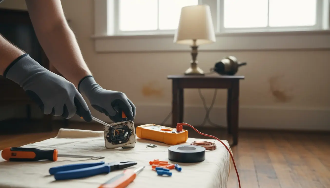 Elektriker arbejder med isolerede værktøjer på en defekt lampe og gammel stikkontakt i en lys stue.