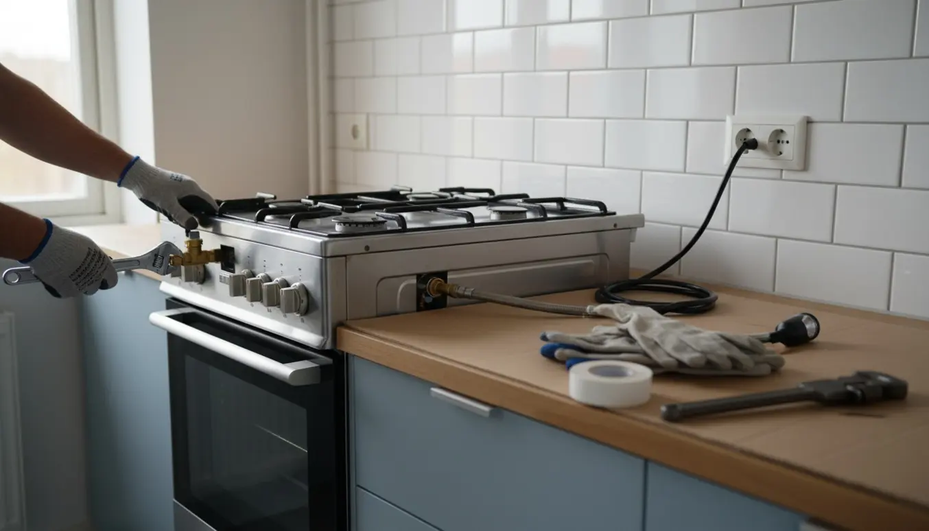 Handsker trækker et gammelt gaskomfur ud i et lyst skandinavisk køkken, klar til montering af et nyt gaskomfur med el-ovn.