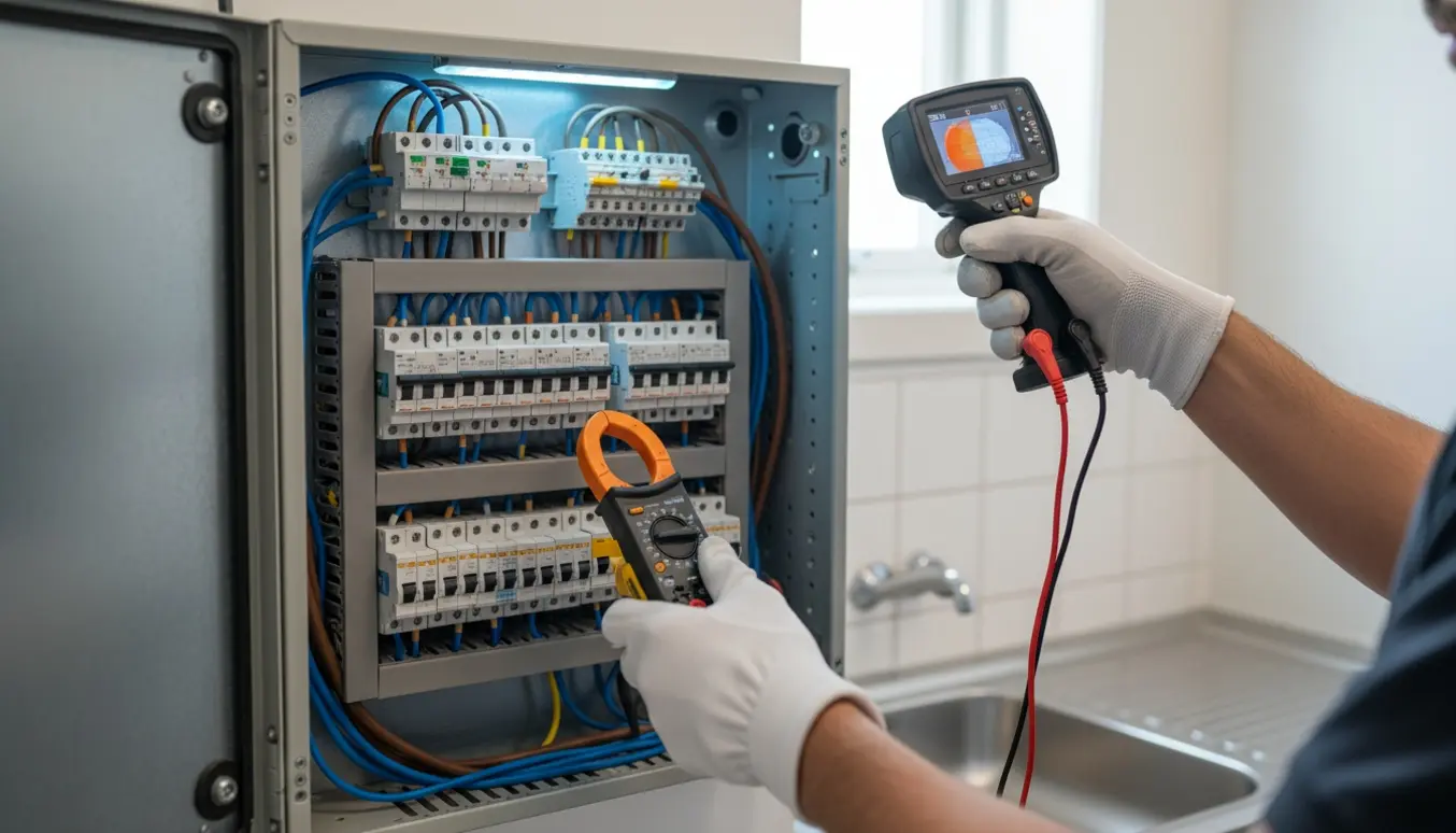 Åben eltavle med elektrikerhænders beskyttelseshandsker, der måler med multimeter og termokamera.