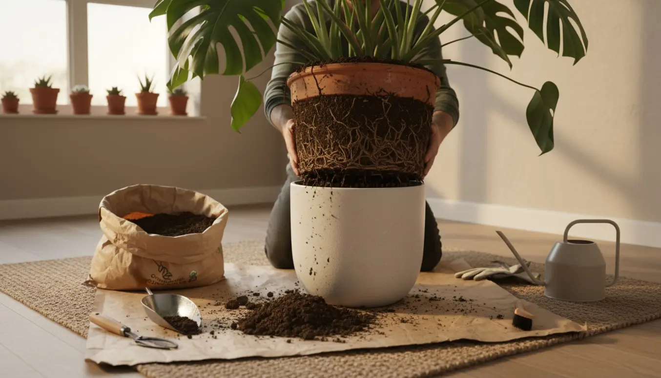 En person omplanter en meget stor stueplante ved et vindue med jord, potter og haveredskaber på trægulvet.