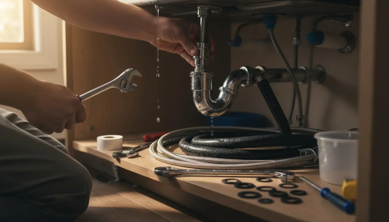 Hænder skifter afløbsrør og hane under køkkenvask med værktøj og spand til vand.