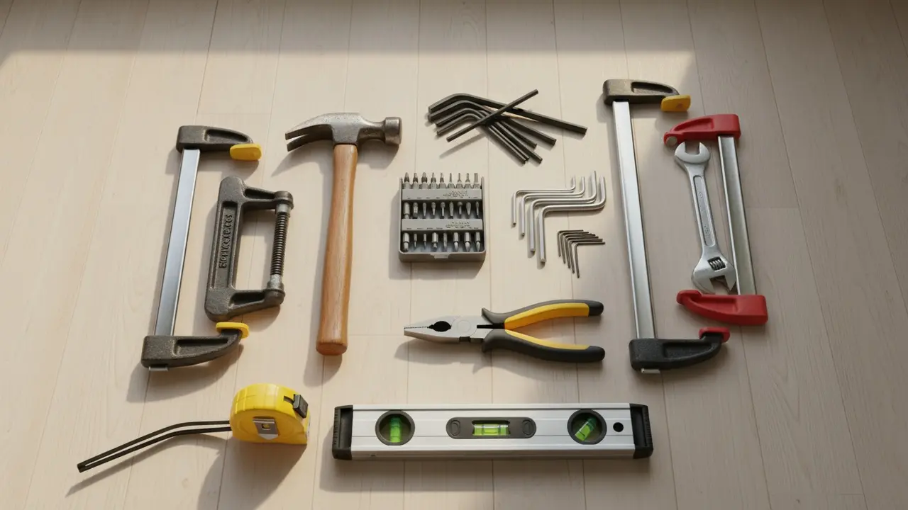 Oversigt over håndværktøj til møbelsamling lagt pænt på lyst træbord