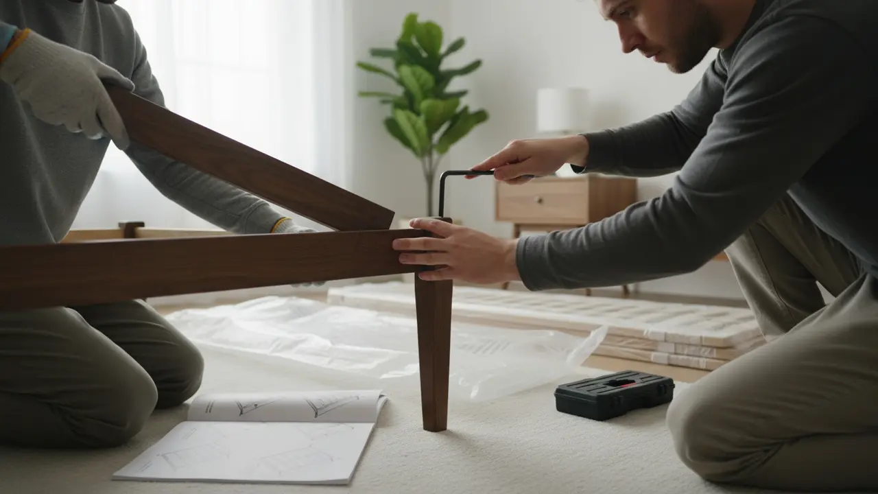 To personer samler en sengramme med unbrakonøgle og manual i et lyst soveværelse