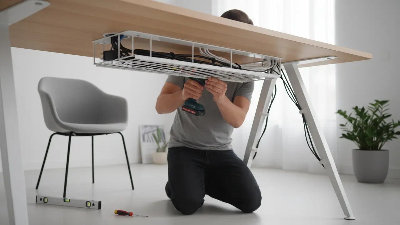 Montering af skrivebord med kabelbakke under bordpladen for ryddelig kabelhåndtering
