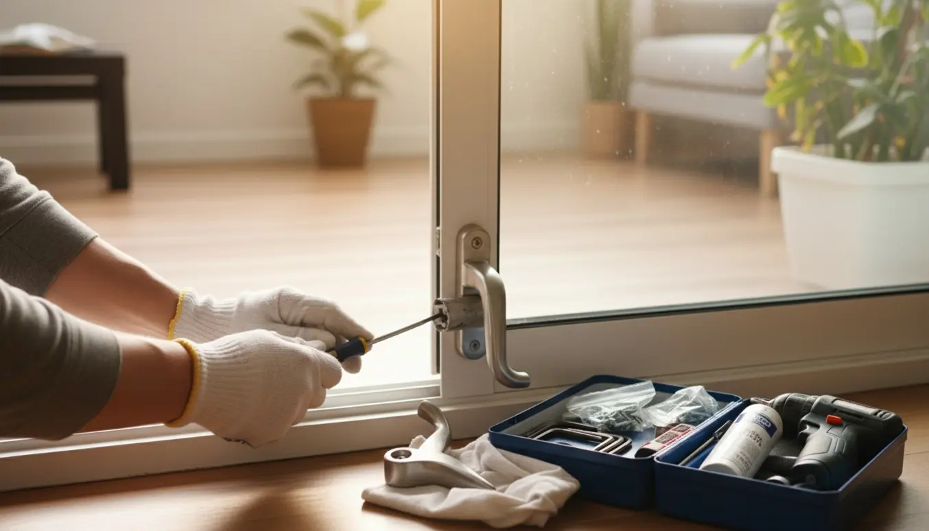 Nærbillede af et beskadiget skydedørshåndtag med værktøj klar til udskiftning.