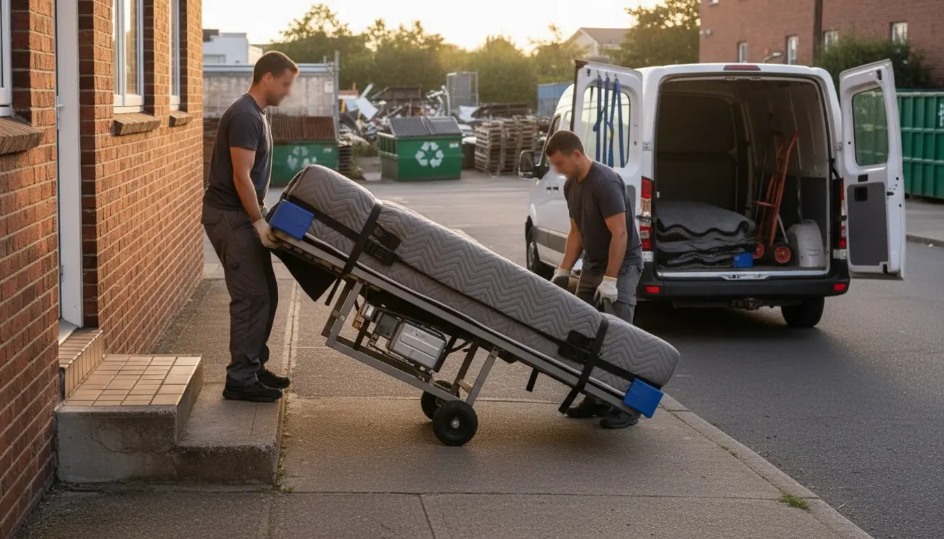 To flyttefolk bærer en enkeltmands elevationsseng fra en lejlighed mod en åben flyttevogn med genbrugscontainer i baggrunden.