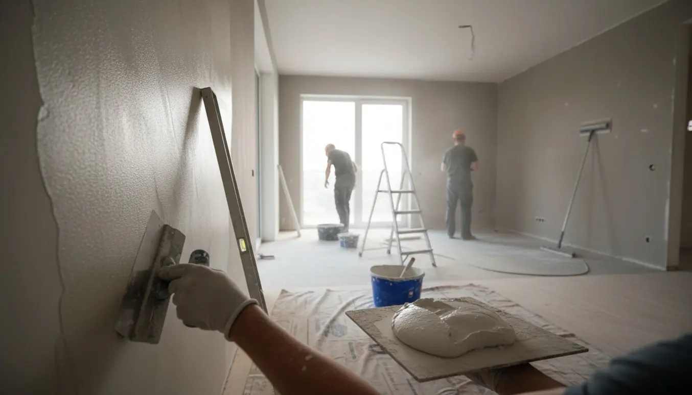Håndværkere spartler en væg i et lyst køkkenalrum med værktøj og spande på gulvet.