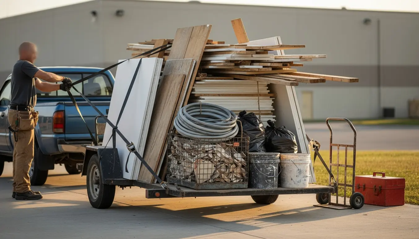 Trailer med byggeaffald i indkørsel, hvor hænder spænder stropper for at sikre læsset.