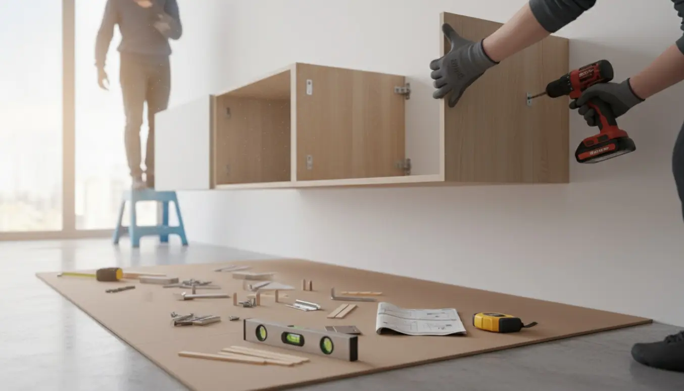 Nærbillede af hænder, der monterer fladpakkede skabe på en væg i et lyst køkken med værktøj spredt på gulvet.