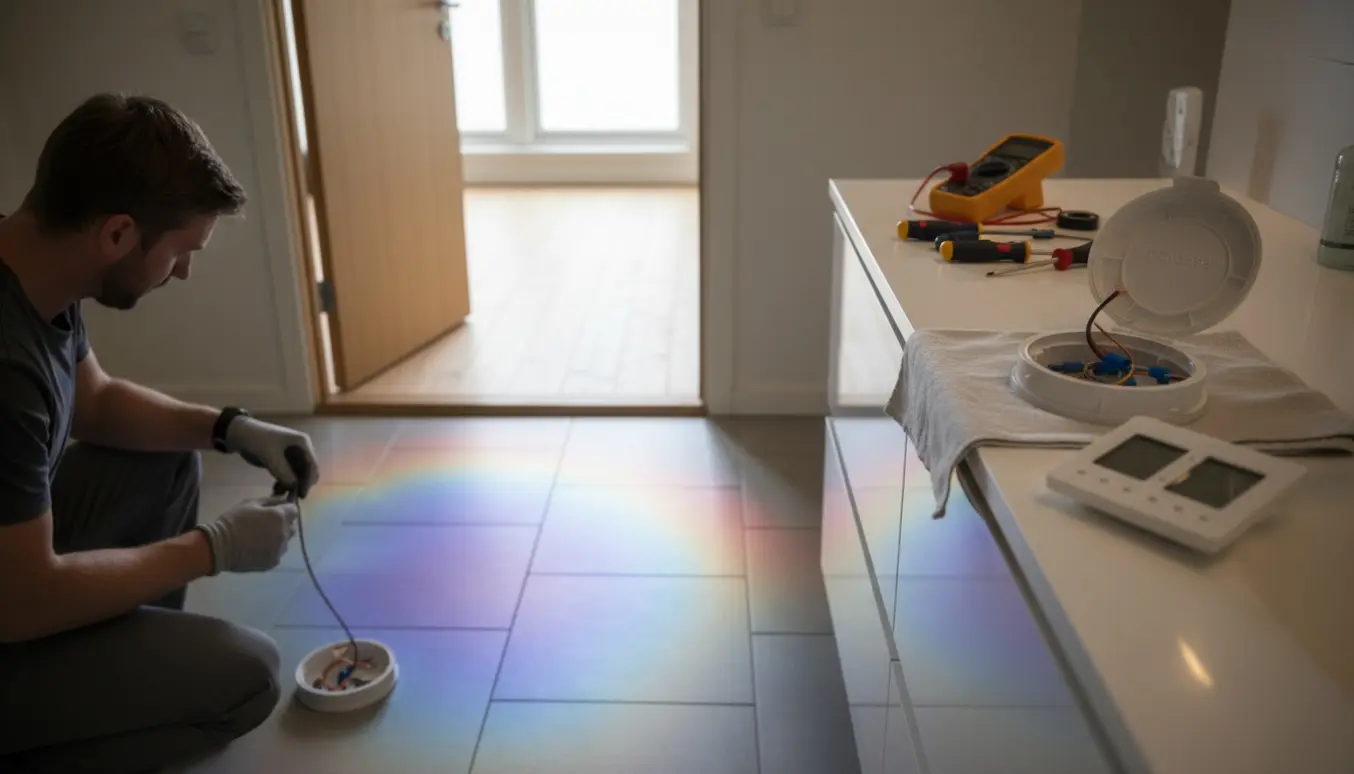 Badeværelse med fjernet termostat, åben pakdåse, værktøj og termisk farveforskel på fliserne.