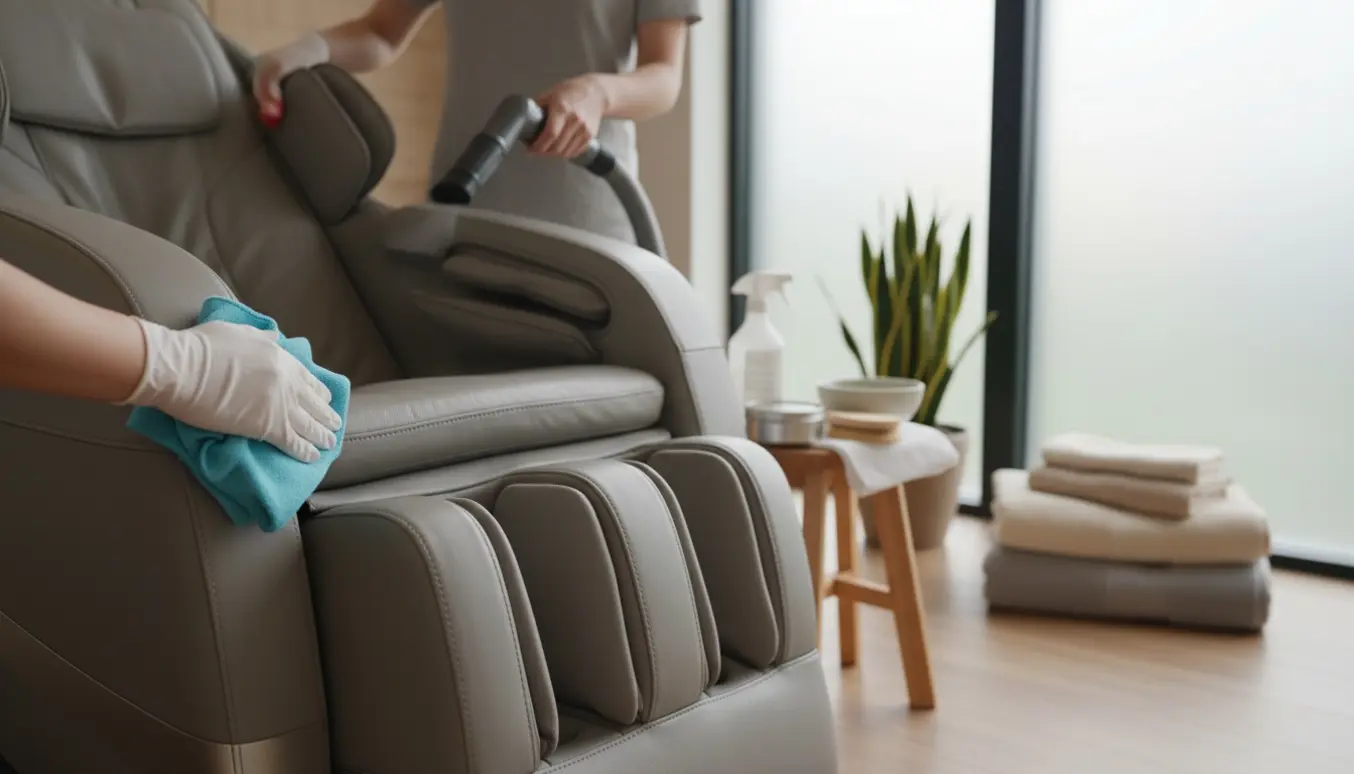 Hænder rengør en moderne massagestol med mikrofiberklud og støvsuger i et lyst hjemmespa.