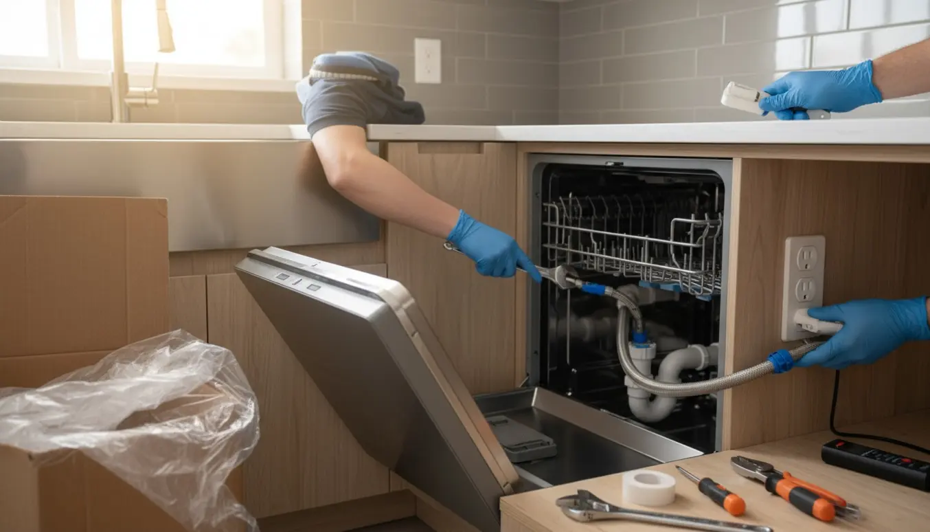 Hænder tilslutter ny opvaskemaskines vand- og afløbsslanger under køkkenvask med værktøj og jordet stikkontakt ved siden af.