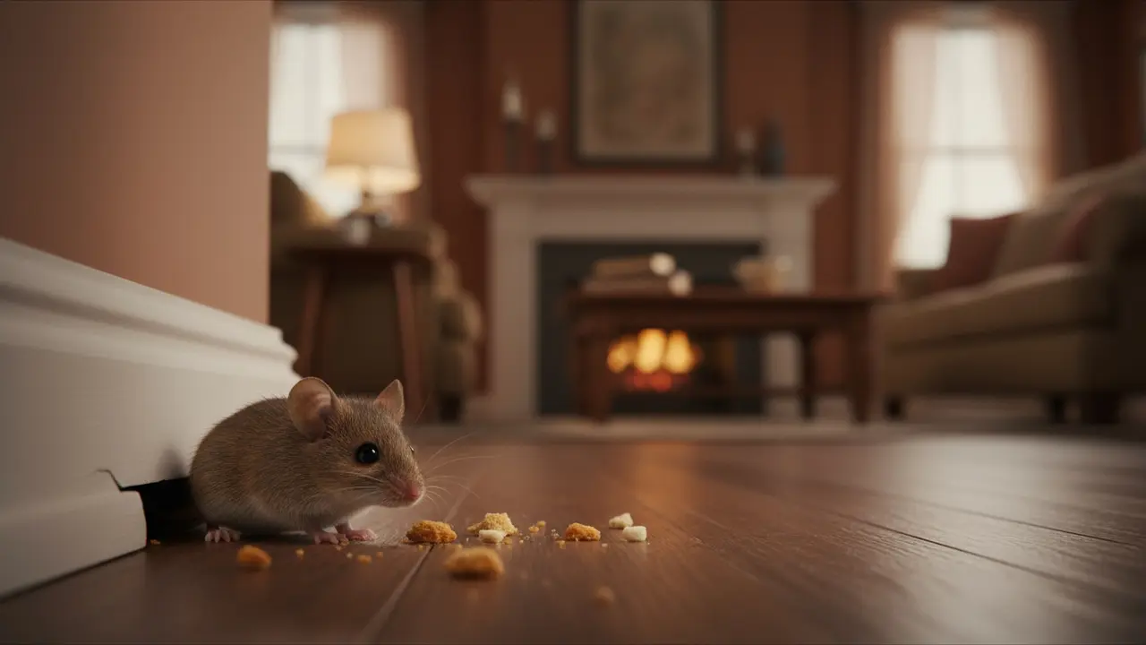 Lille husmus kigger frem fra en revne ved fodpanel i et hjem