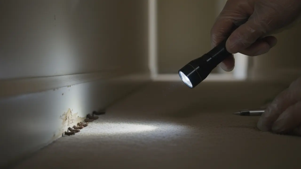 Nærbillede af museekscrementer og gnaveskader langs fodpanel oplyst af lommelygte