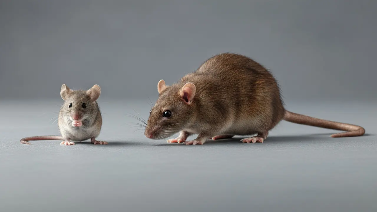 Sammenligning af en lille mus og en større rotte side om side for at vise størrelsesforskel