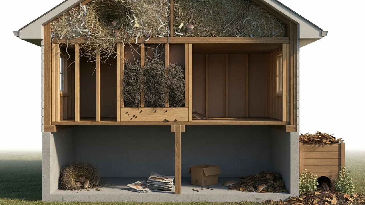 Tværsnit af hus der viser musebo i loftisolering, hulrum i væg, kælder og kompost udenfor