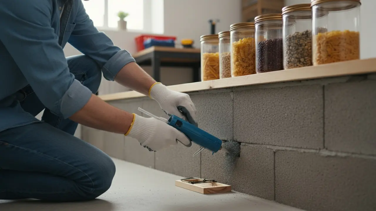 Hænder med handsker tætner revne med ståluld og fugemasse, fælde og lukkede madbeholdere i baggrunden