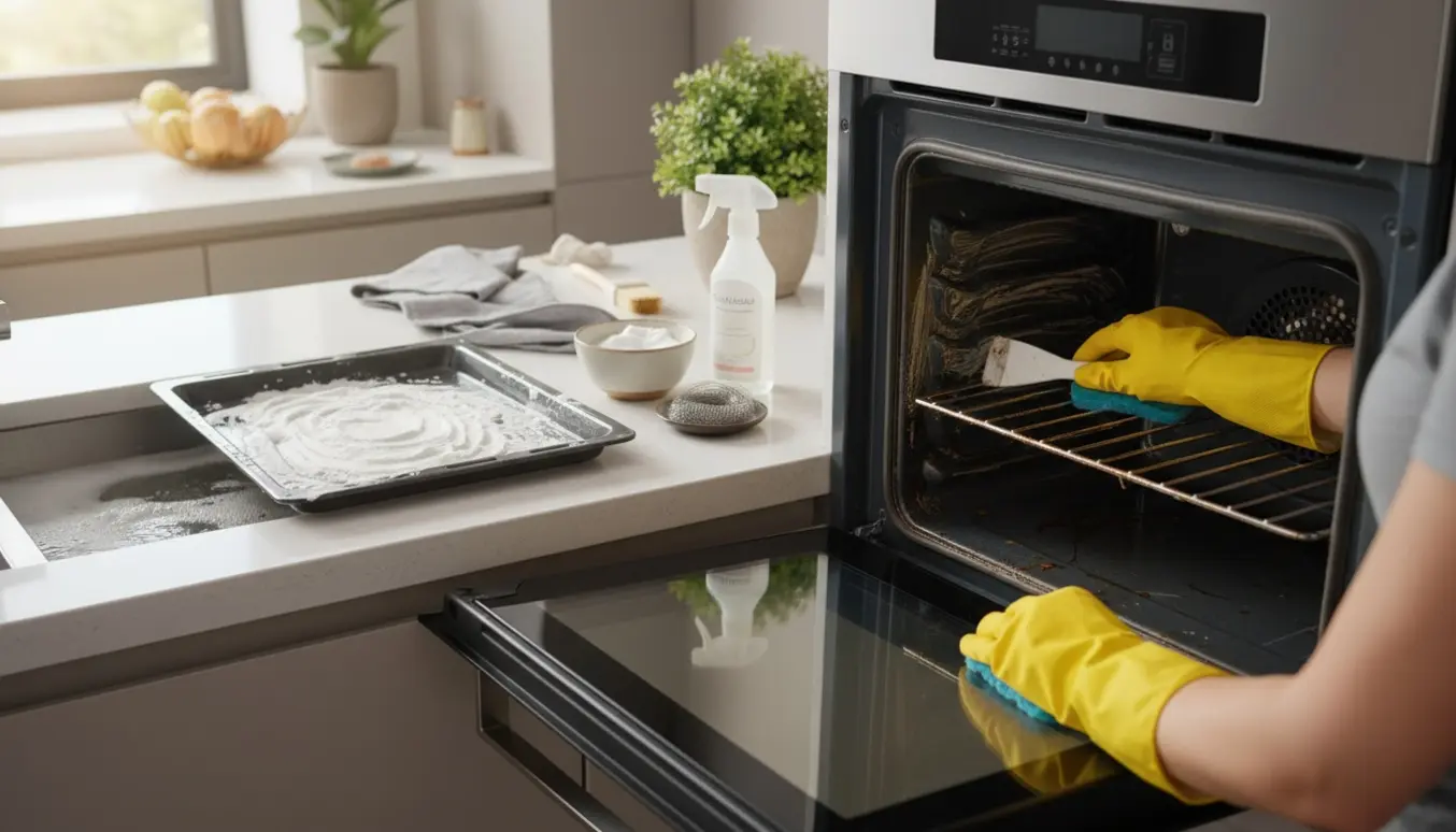 Hænder i gummihandsker rengør en åben ovn med ovnens riste og bageplader ved siden af.