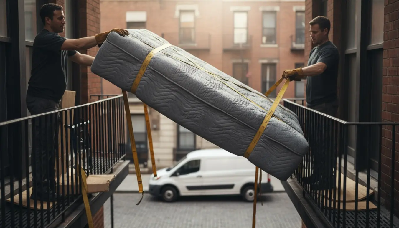 Flyttefolk fjerner en seng 140x200 gennem en lejlighedsaltan klar til afhentning og bortskaffelse.